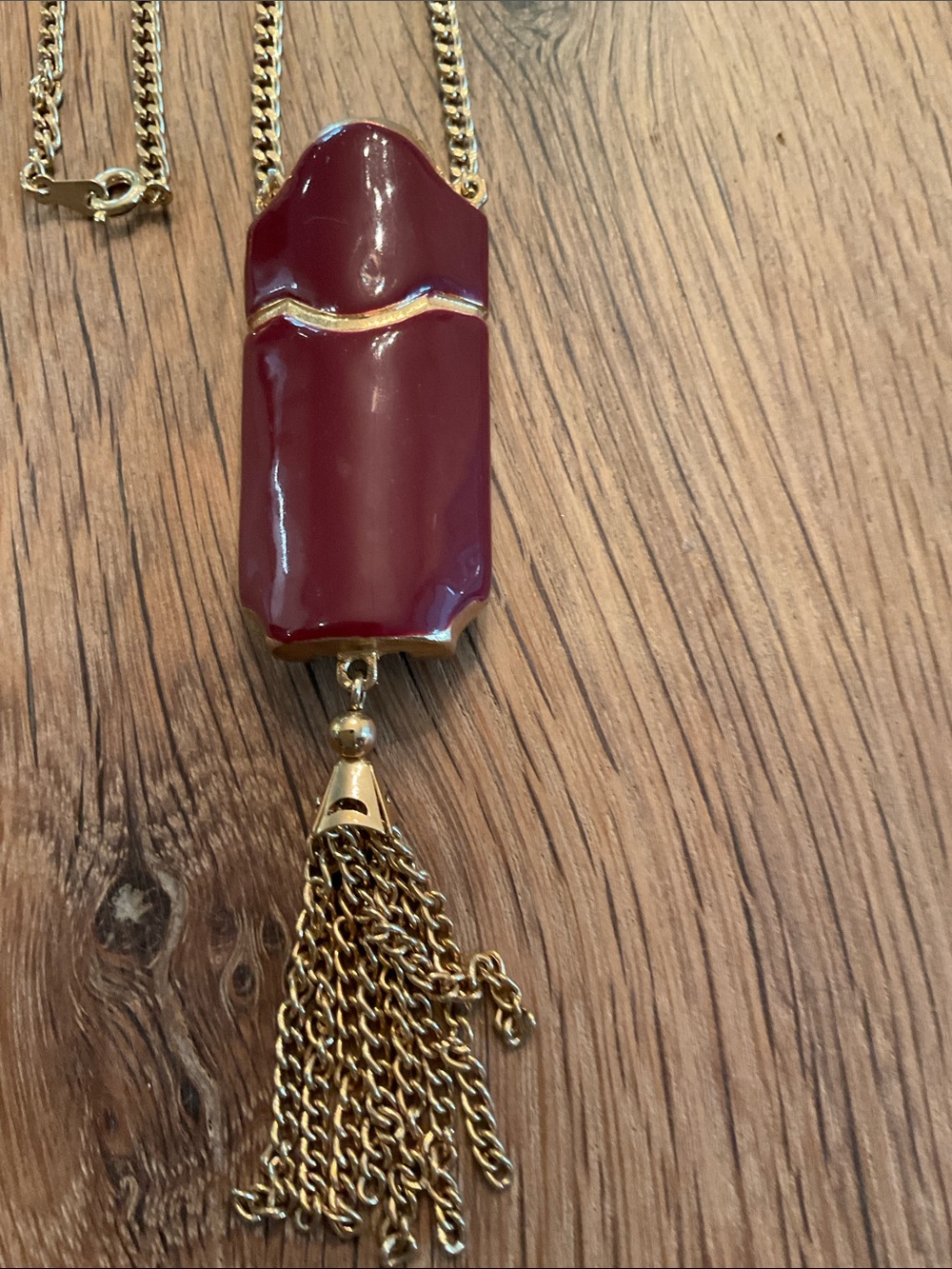 Vintage Avon Lipstick Holder Deep Red Tassel Pendant Necklace 1970’s